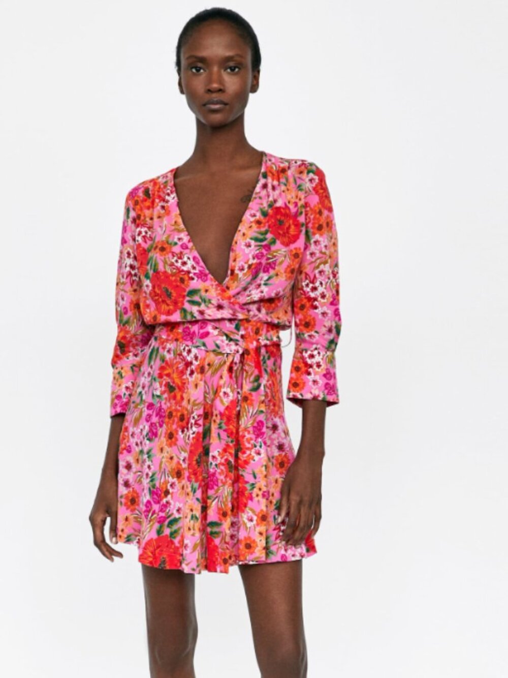 Zara Basic Floral Summer Wrap Style Mini Dress- Bold Colorful Flower Pattern